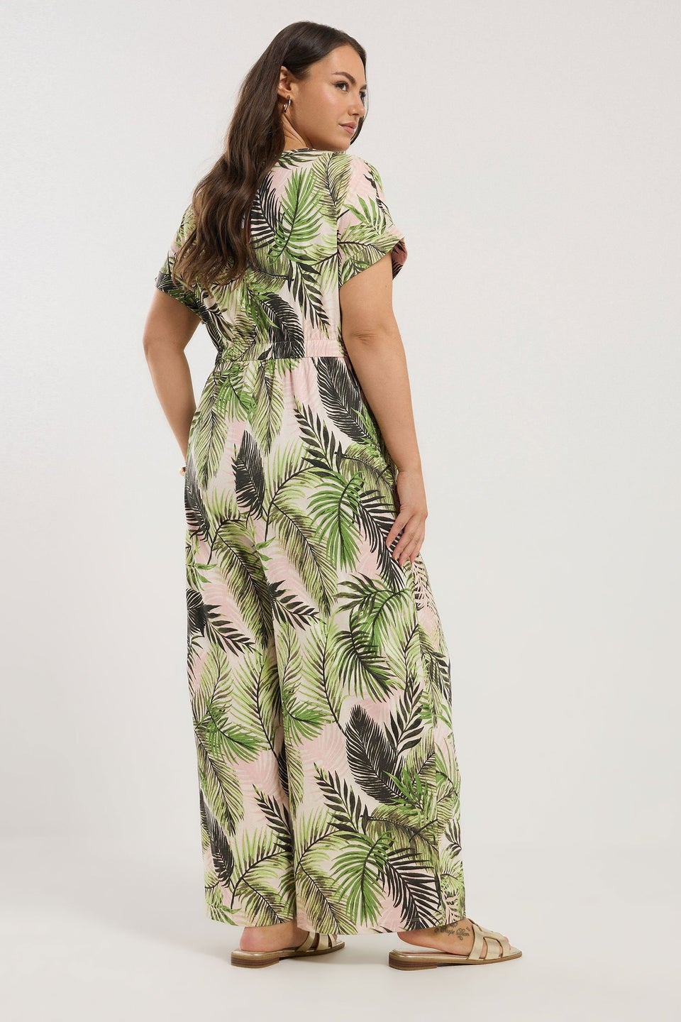 Yours Curve White Palm Print Tie Front Jumpsuit