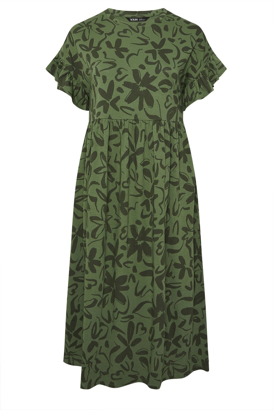 Yours Curve Khaki Green Floral Frill Cotton Midaxi Dress