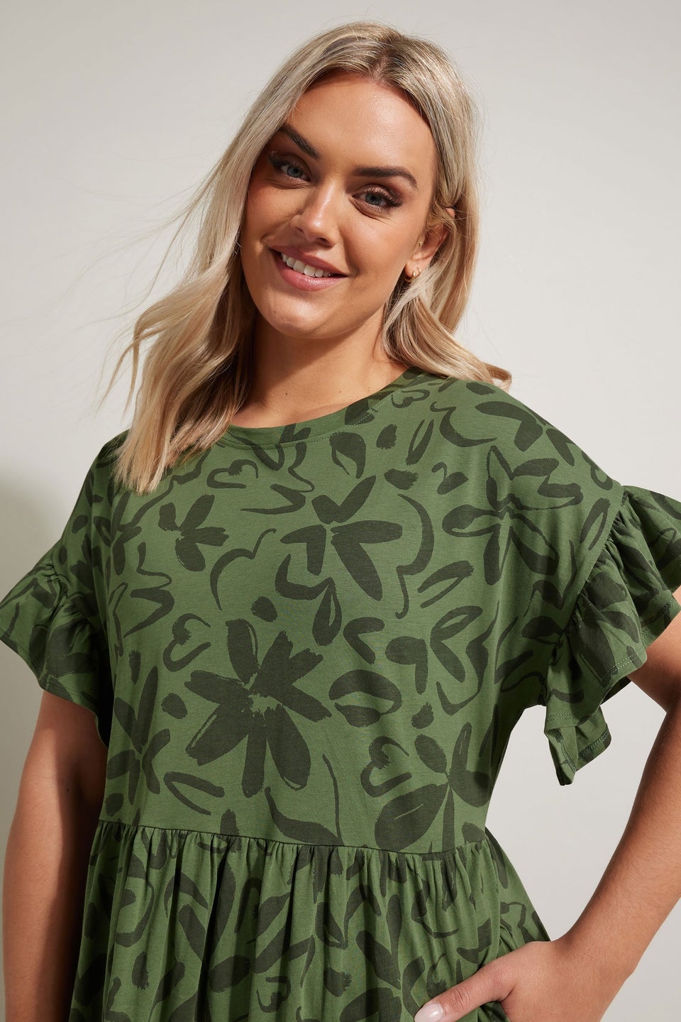 Yours Curve Khaki Green Floral Frill Cotton Midaxi Dress
