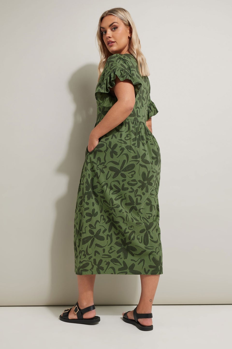 Yours Curve Khaki Green Floral Frill Cotton Midaxi Dress