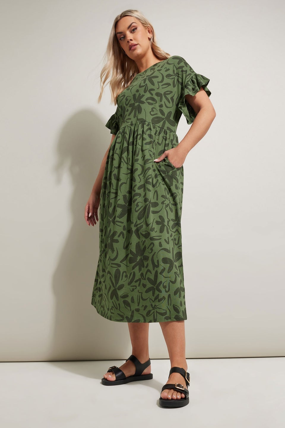 Yours Curve Khaki Green Floral Frill Cotton Midaxi Dress