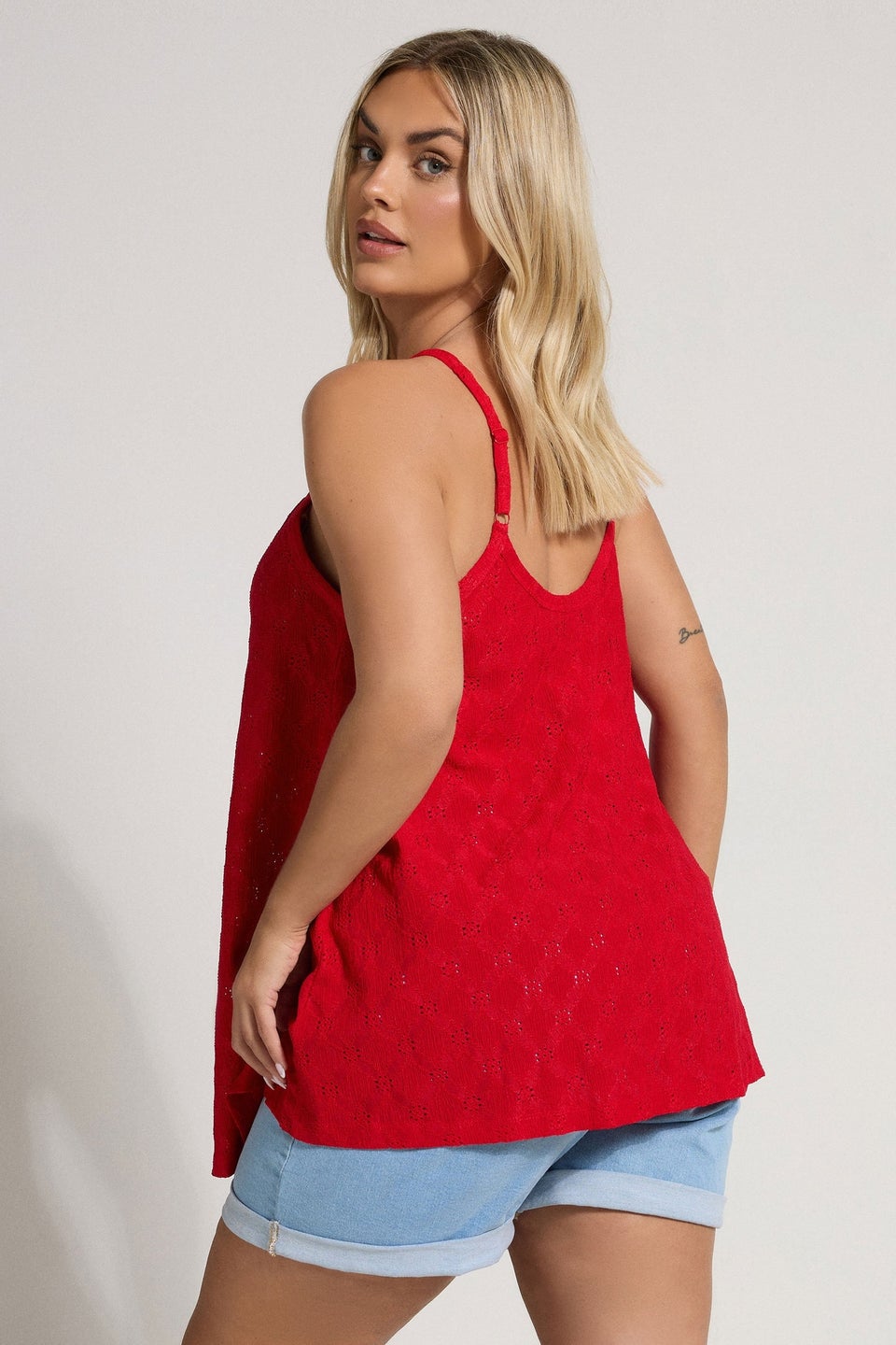 Yours Curve Red Broderie Anglaise Button Vest Top
