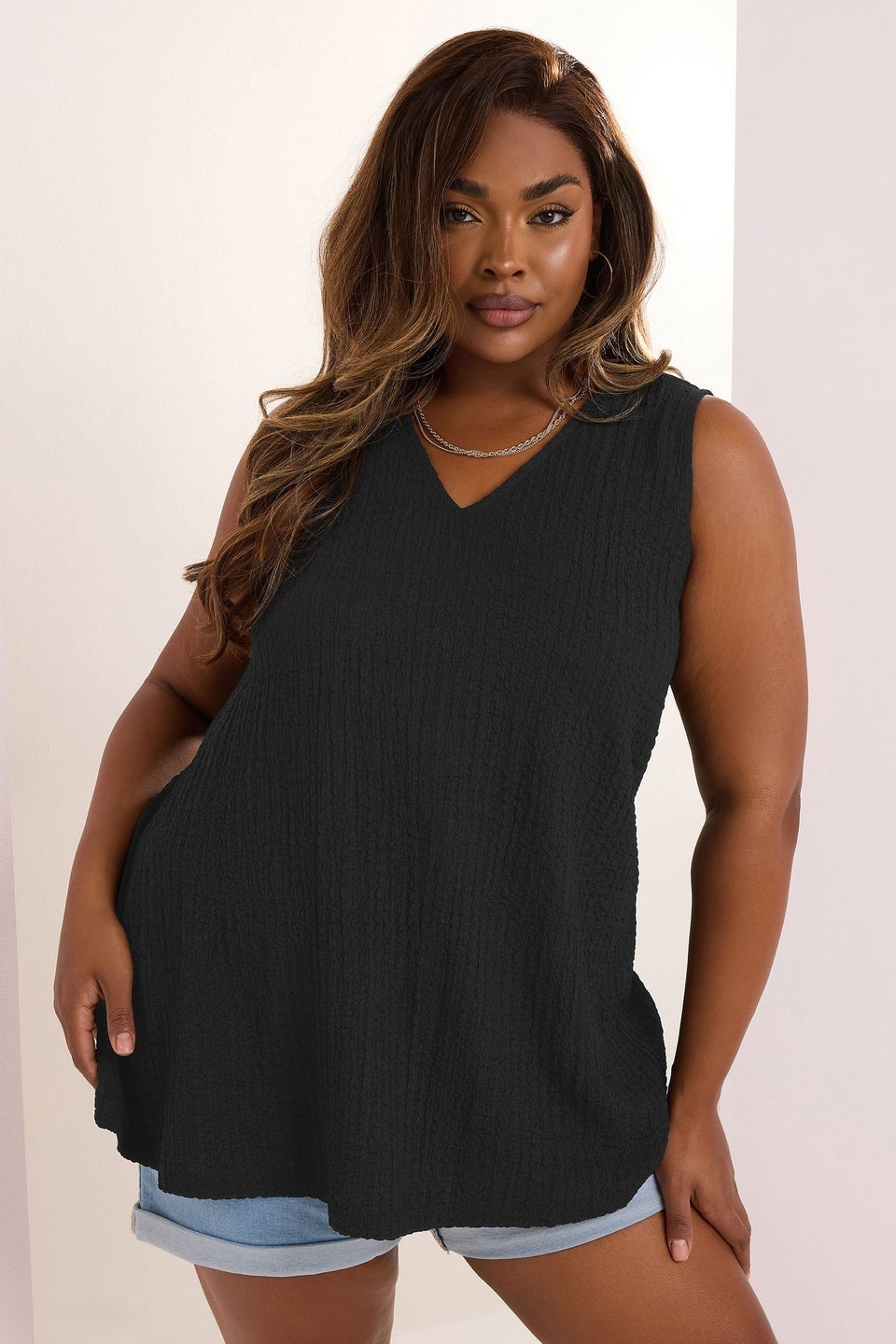 Yours Curve Black Textured Swing Vest Top
