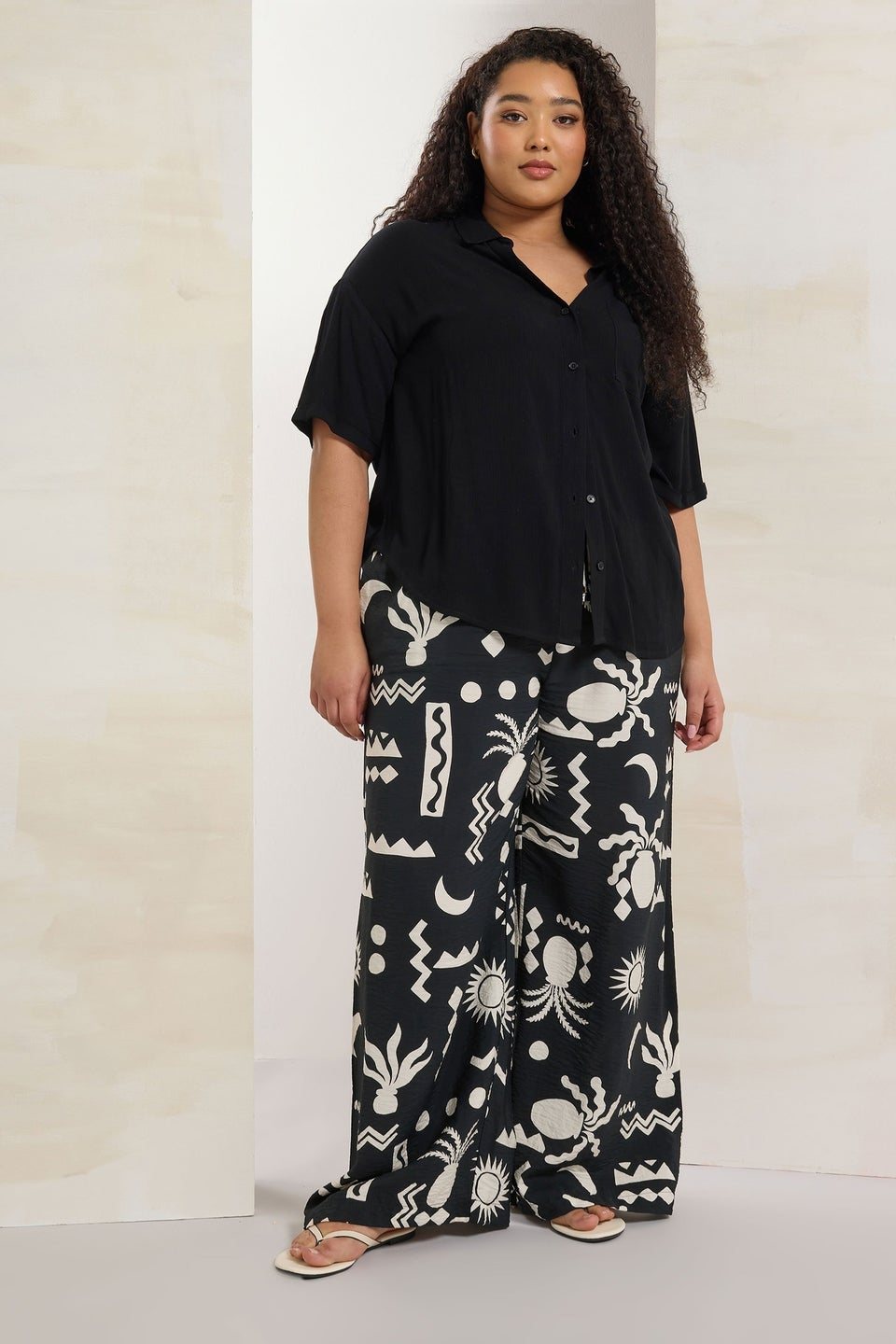 Yours Curve Black Abstract Print Twill Wide Leg Trousers