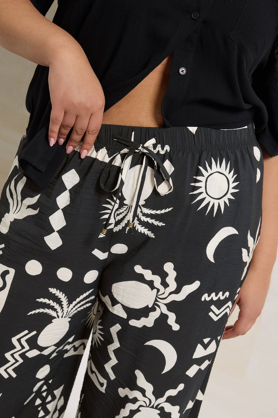 Yours Curve Black Abstract Print Twill Wide Leg Trousers