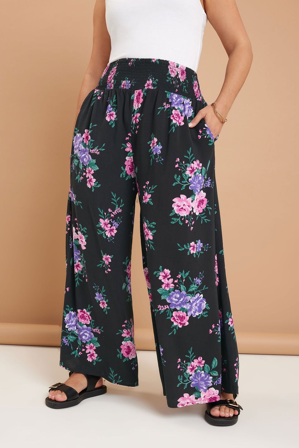 Yours Curve Black Floral Print Shirred Wide Leg Trousers