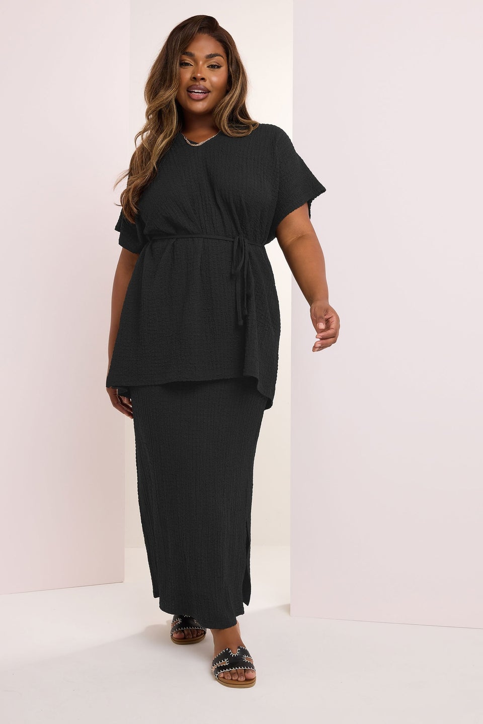 Yours Curve Black Belted Textured Tunic Top