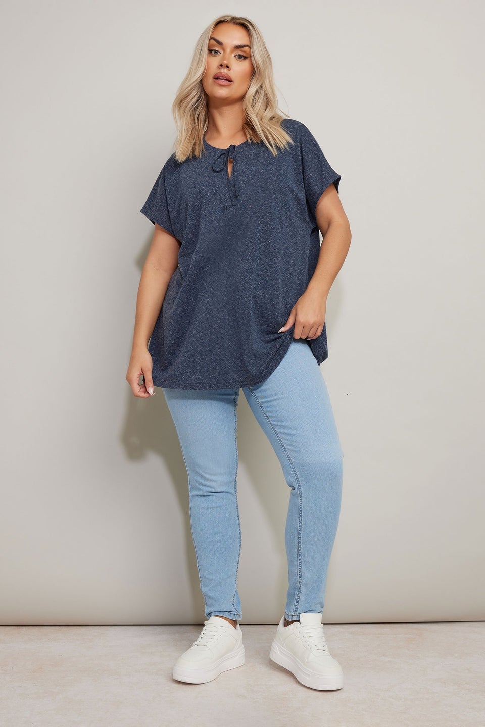 Yours Curve Navy Blue Linen Marl Tie Front Top
