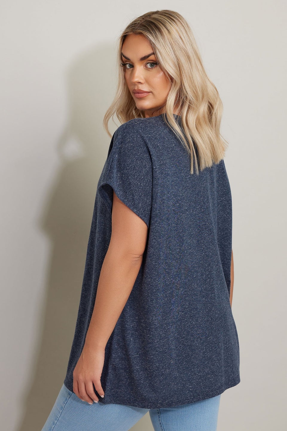 Yours Curve Navy Blue Linen Marl Tie Front Top
