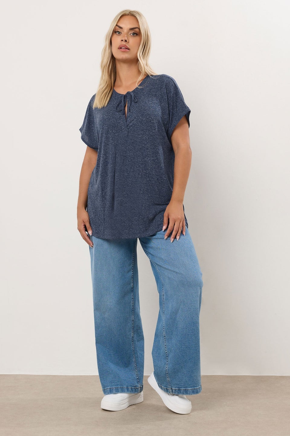 Yours Curve Navy Blue Linen Marl Tie Front Top