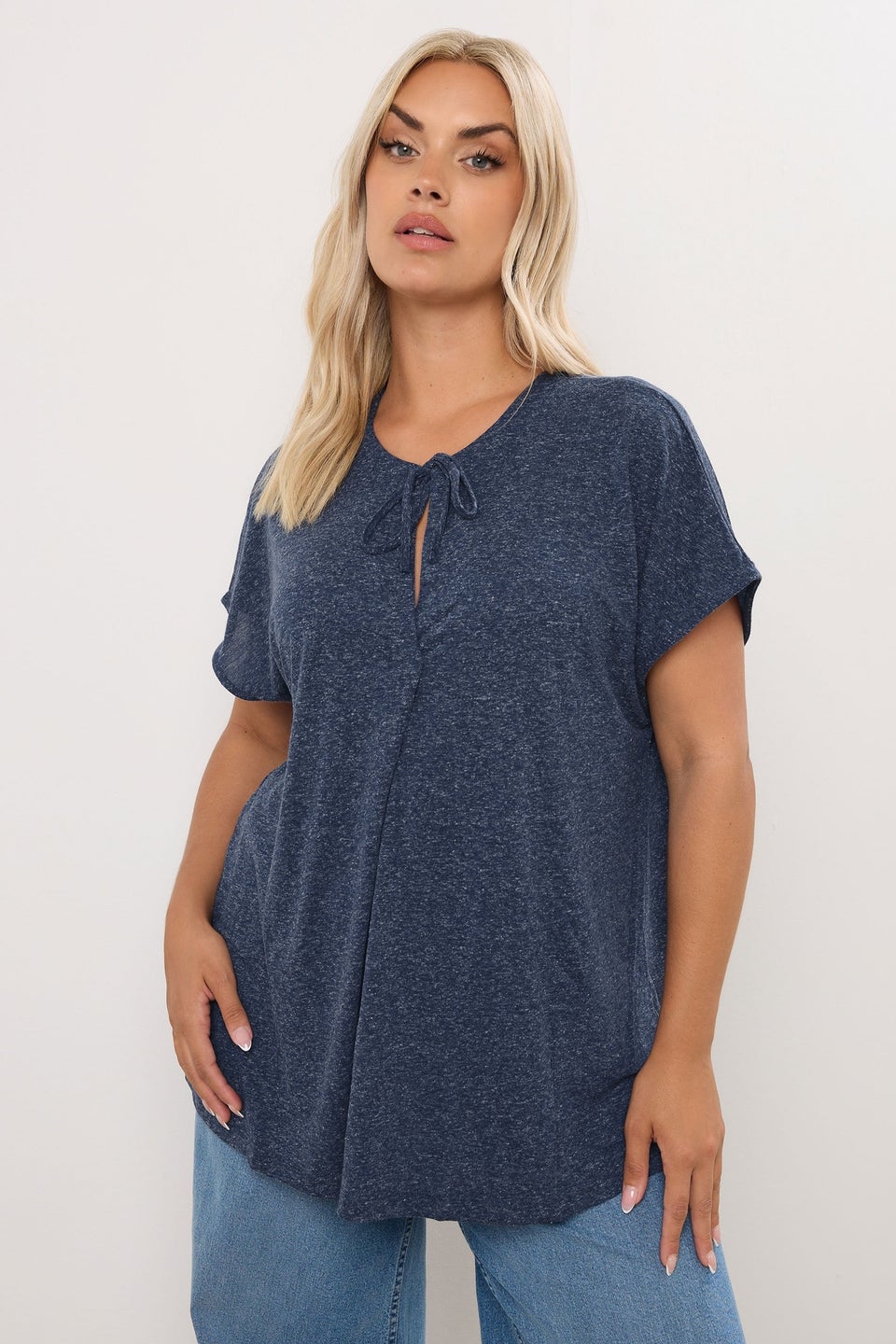 Yours Curve Navy Blue Linen Marl Tie Front Top