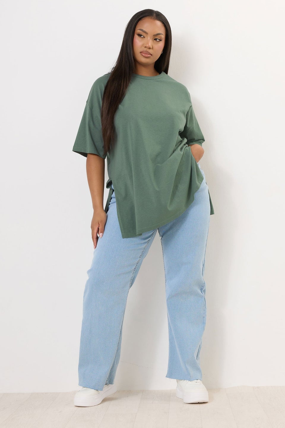 Yours Curve Sage Green Oversized Side Split T-Shirt