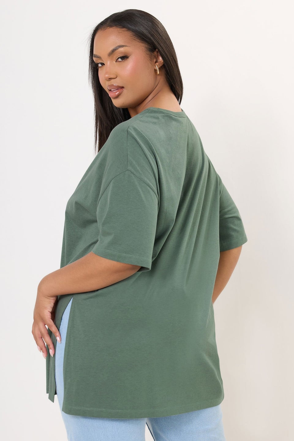 Yours Curve Sage Green Oversized Side Split T-Shirt