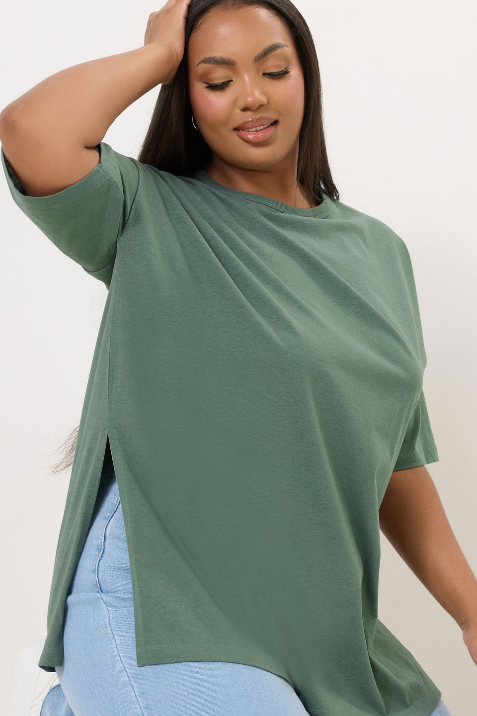 Yours Curve Sage Green Oversized Side Split T-Shirt