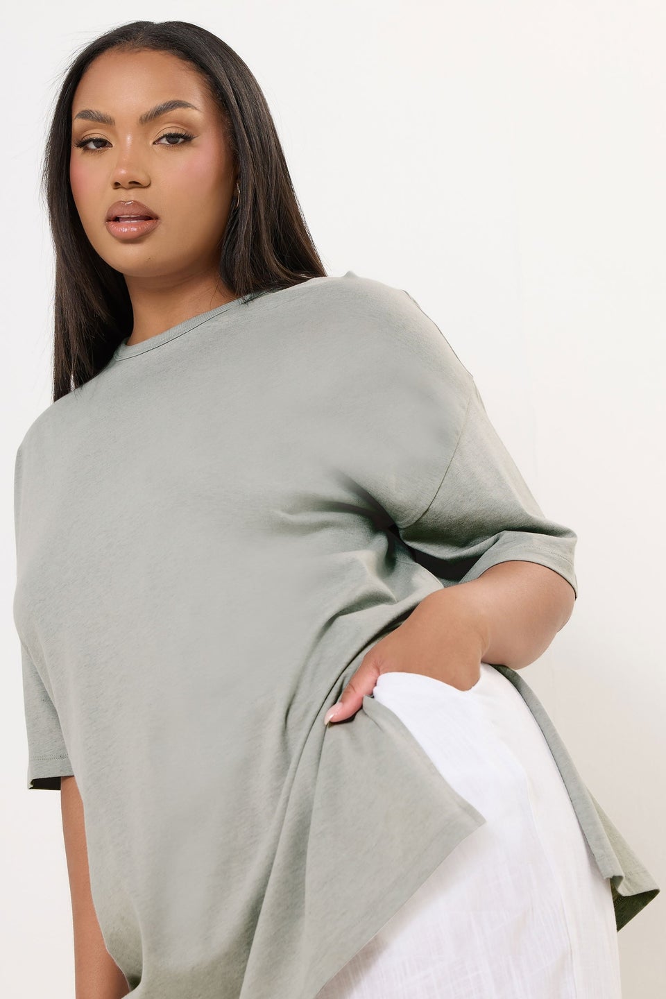 Yours Curve Light Grey Oversized Side Split T-Shirt