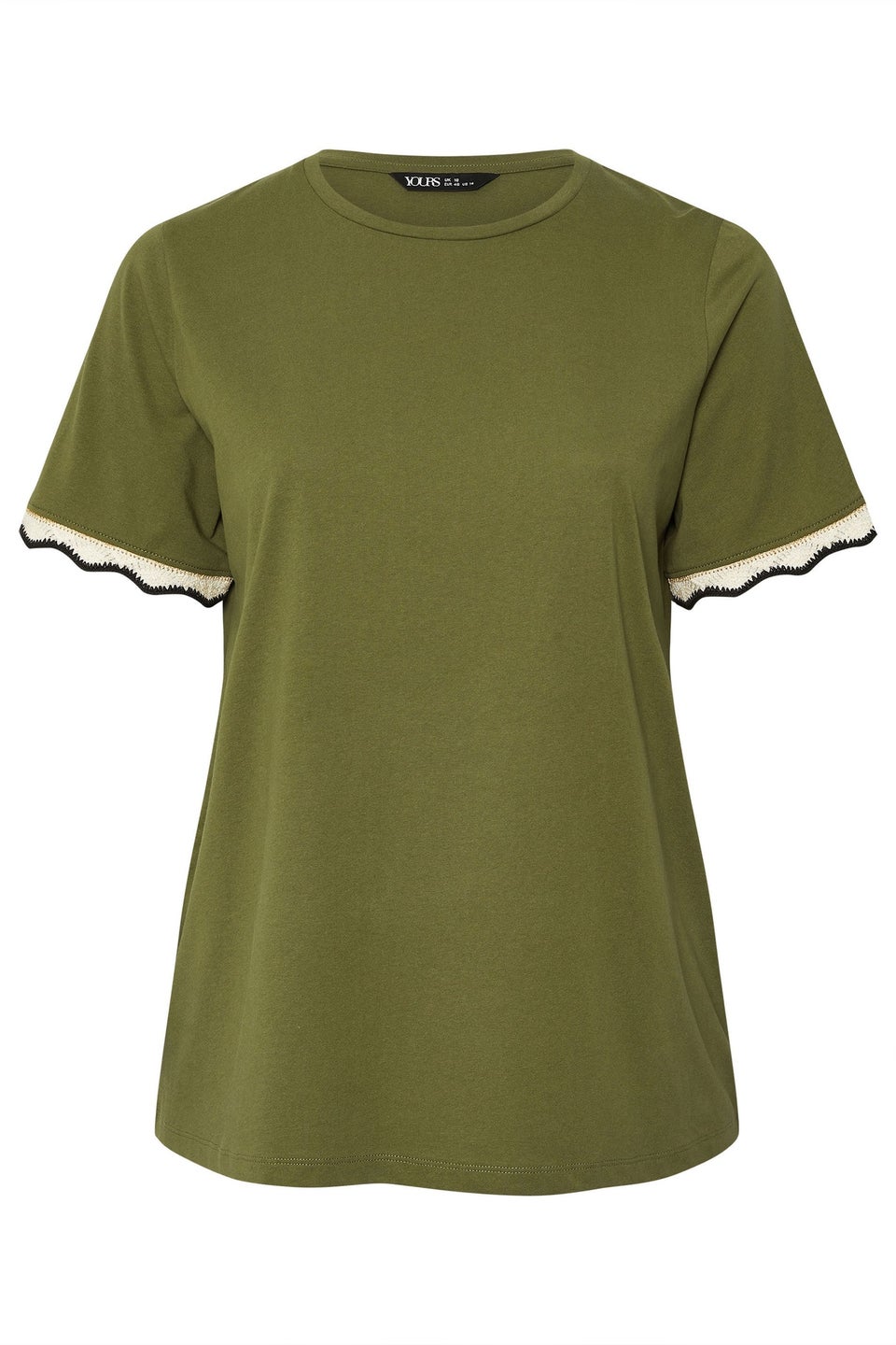 Yours Curve Khaki Green Metallic Crochet Trim T-Shirt
