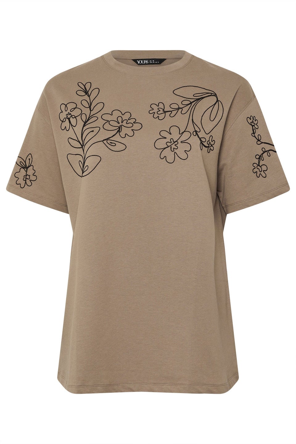 Yours Curve Mocha Brown Floral Embroidered Oversized T-Shirt