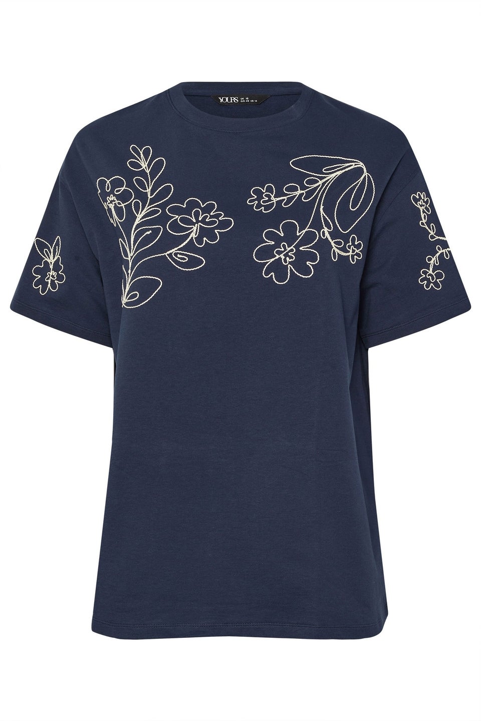 Yours Curve Navy Blue Floral Embroidered Oversized T-Shirt