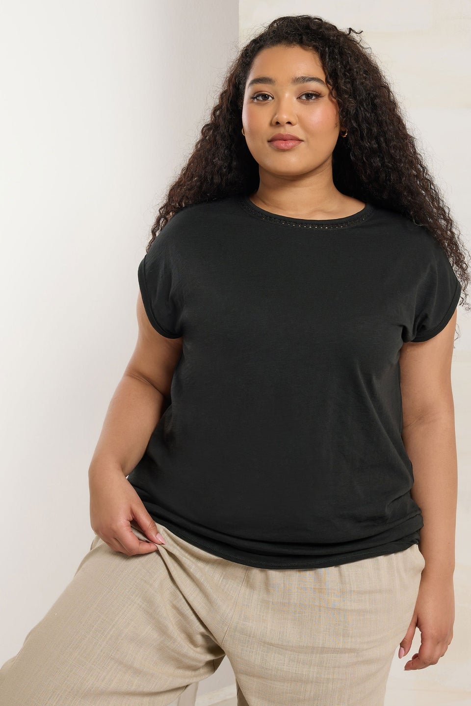 Yours Curve Black Crochet Trim Detail T-Shirt