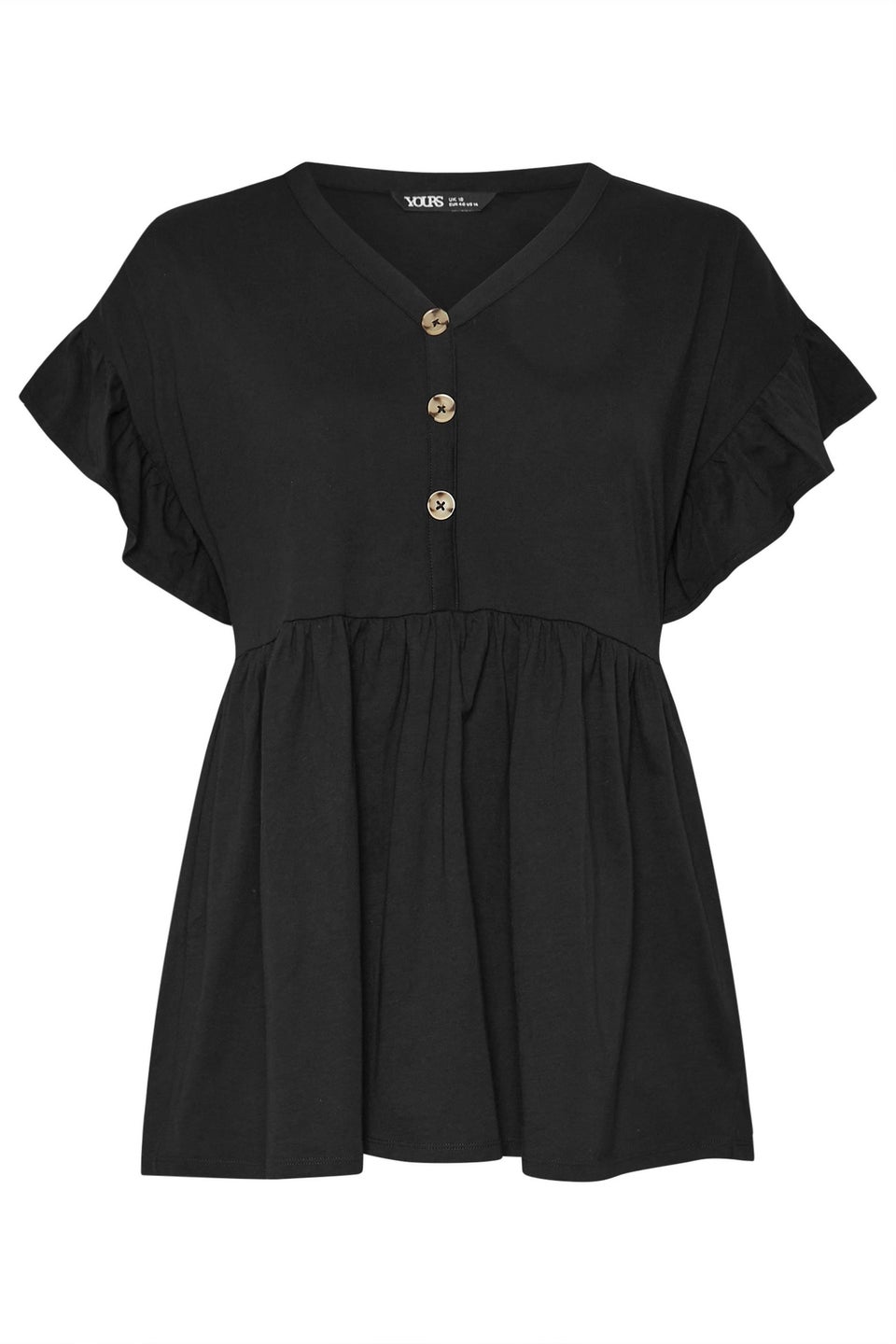 Yours Curve Black Button Frill Sleeve Peplum Top