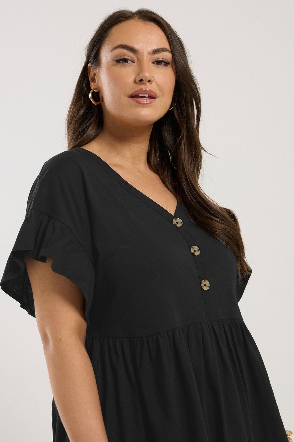 Yours Curve Black Button Frill Sleeve Peplum Top