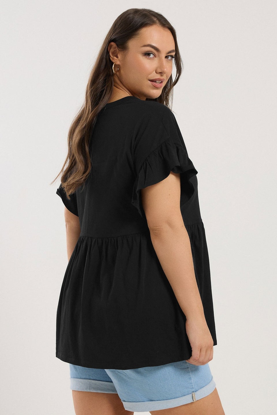 Yours Curve Black Button Frill Sleeve Peplum Top