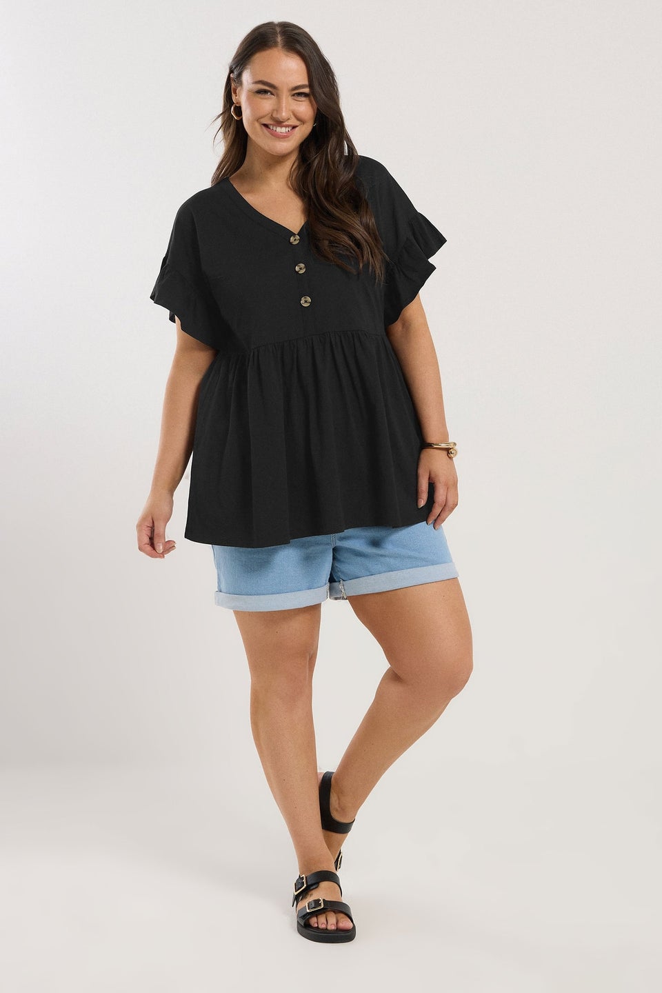 Yours Curve Black Button Frill Sleeve Peplum Top