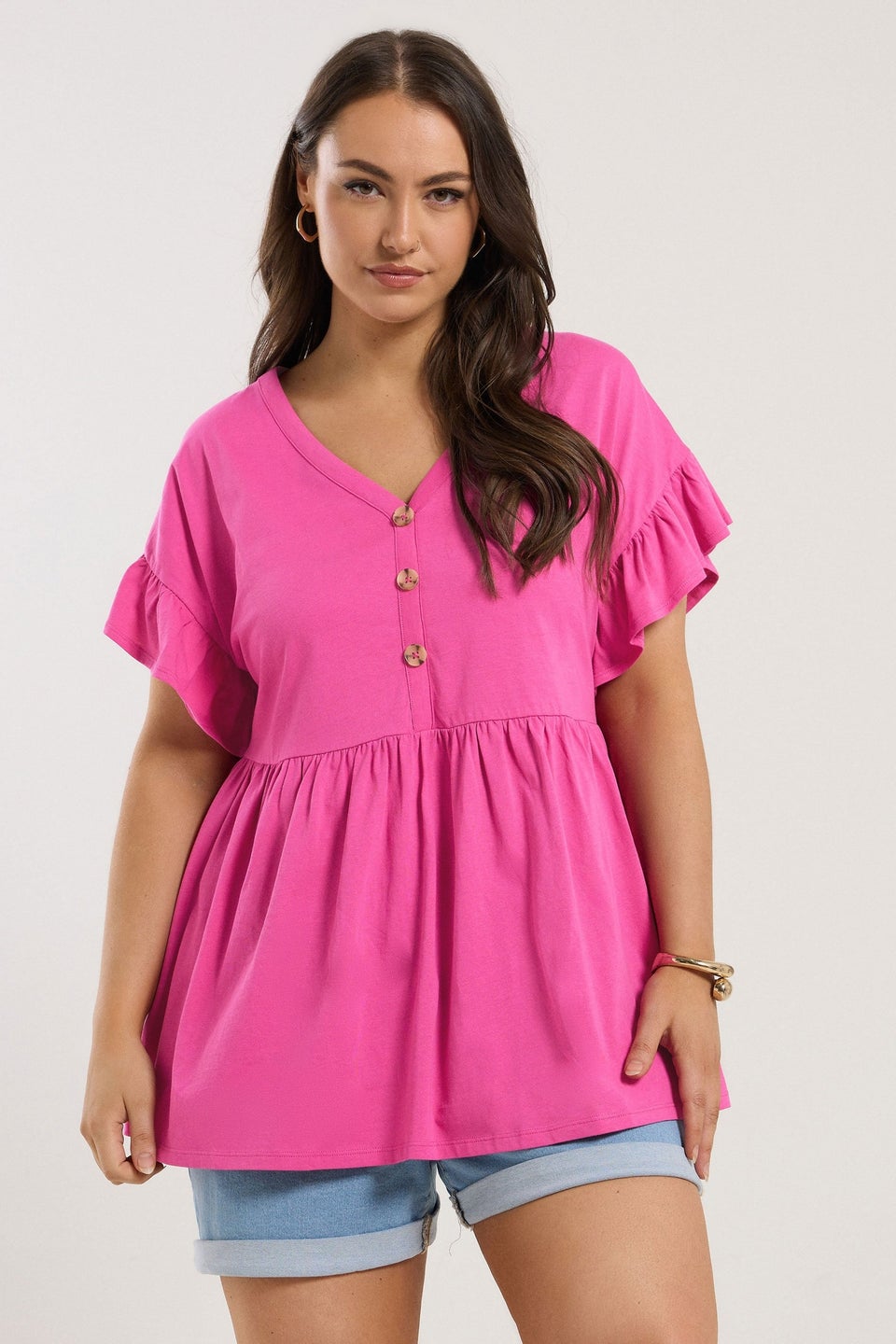 Yours Curve Pink Button Frill Sleeve Peplum Top