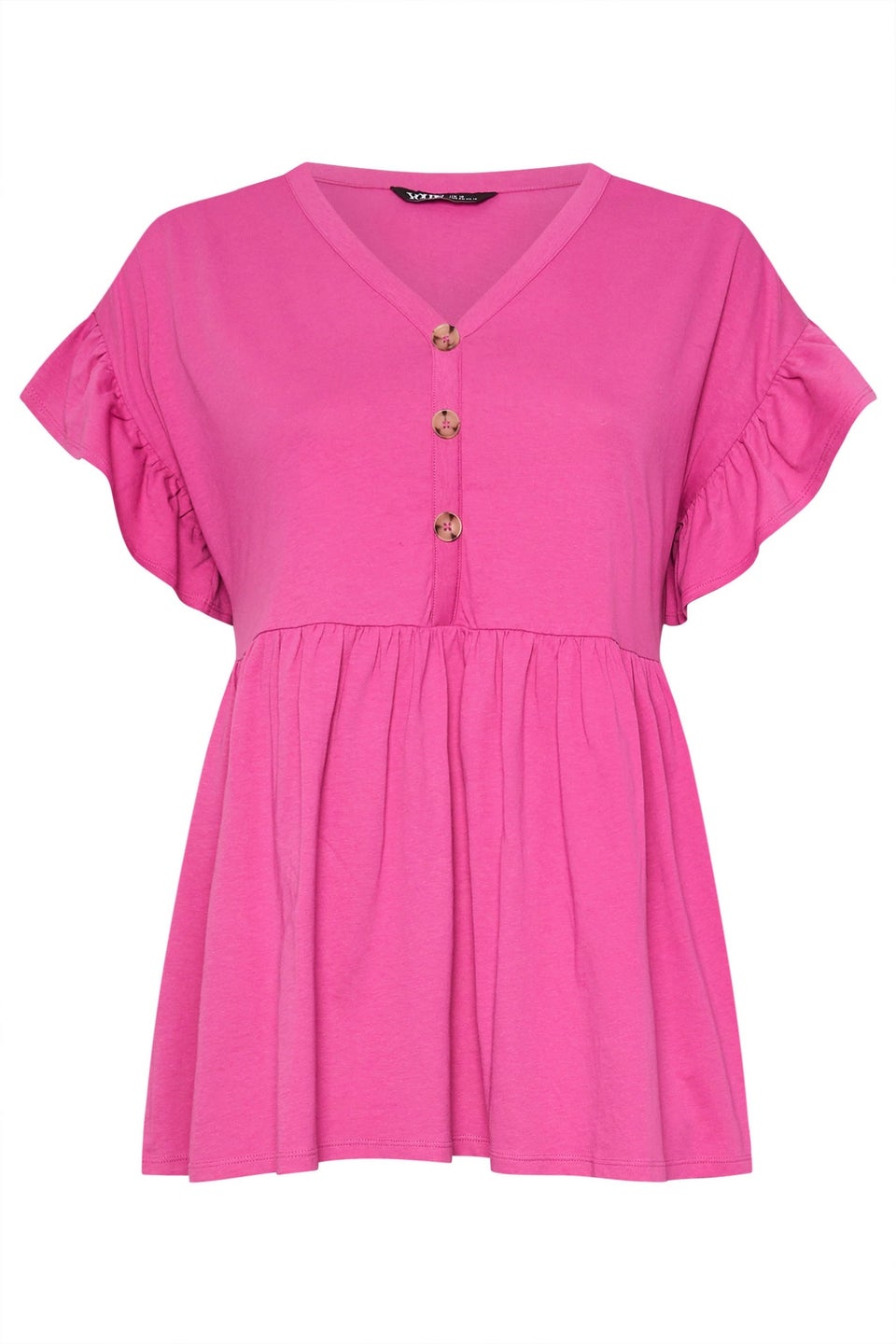 Yours Curve Pink Button Frill Sleeve Peplum Top