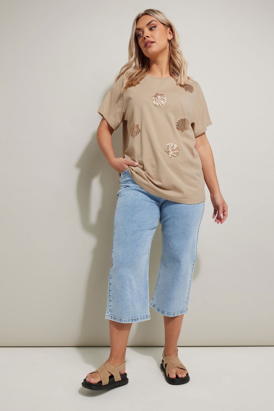Yours Curve Natural Brown Sequin Embellished Shell T-Shirt