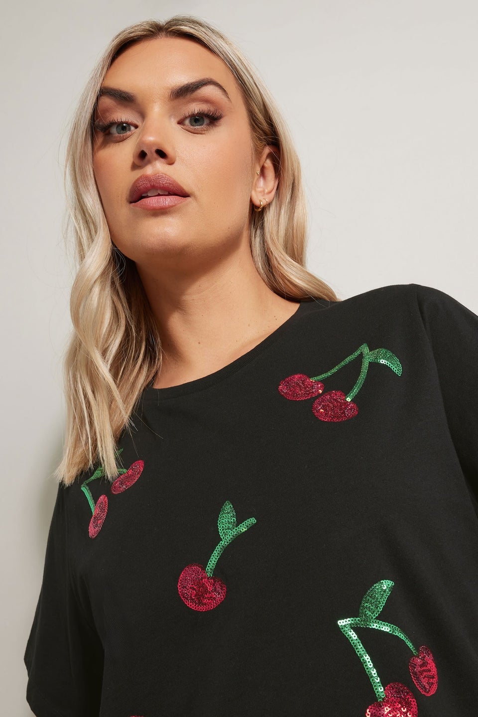 Yours Curve Black Sequin Embellished Cherry T-Shirt