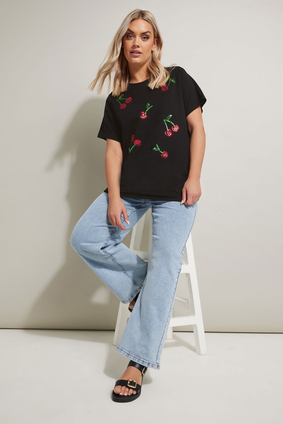 Yours Curve Black Sequin Embellished Cherry T-Shirt