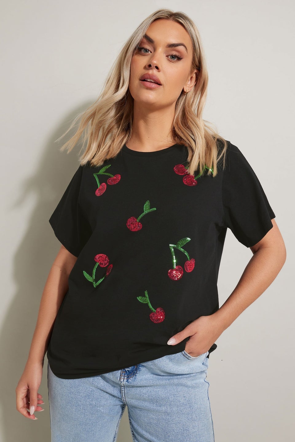 Yours Curve Black Sequin Embellished Cherry T-Shirt