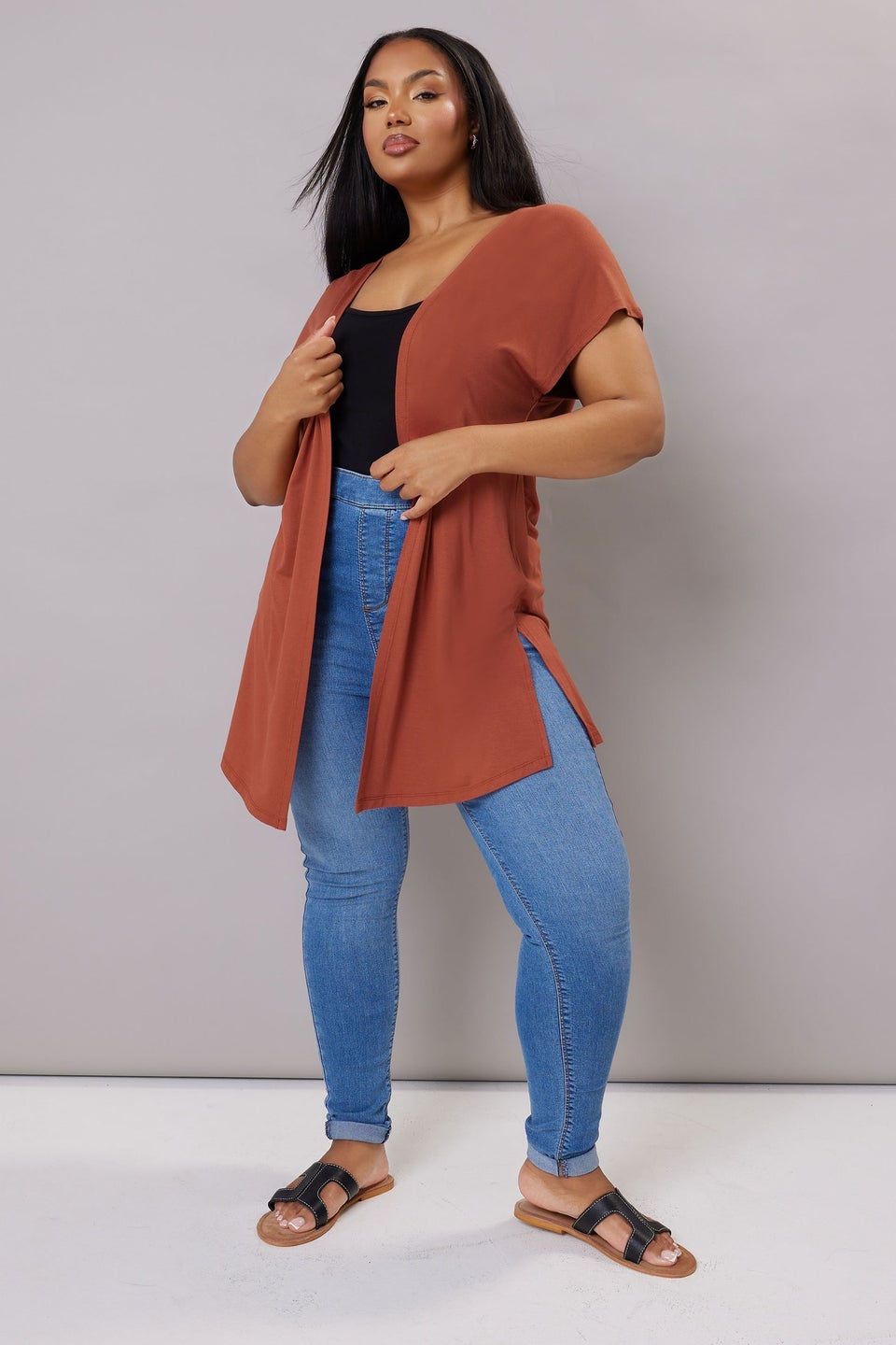 Yours Curve Rust Orange Grown On Sleeve Jersey Cardigan