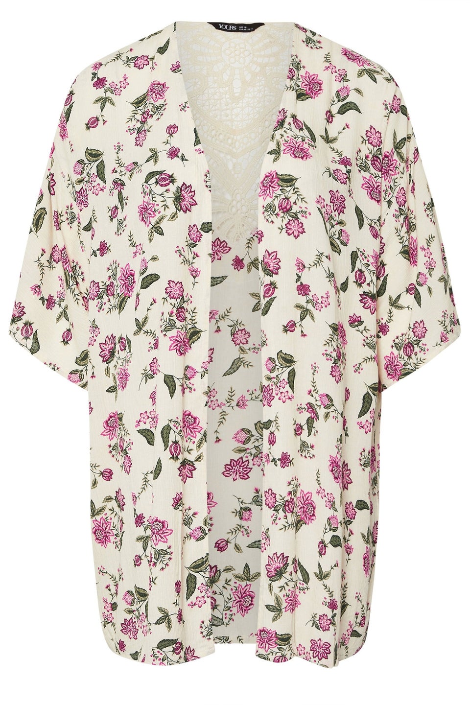 Yours Curve Natural Brown Floral Crochet Detail Kimono