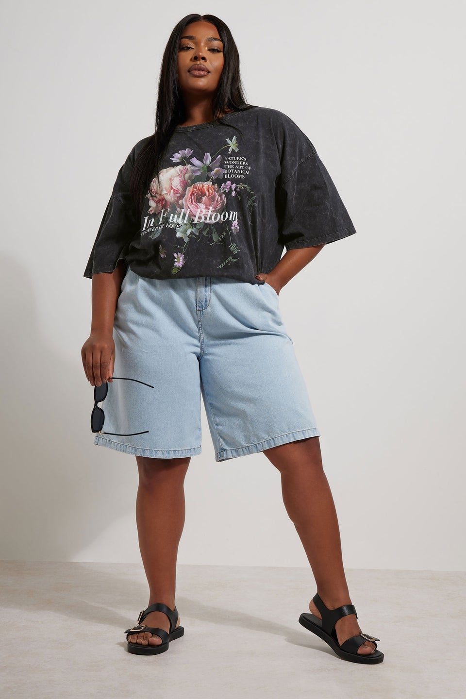 Yours Curve Grey In Full Bloom Acid Wash Oversized T-Shirt