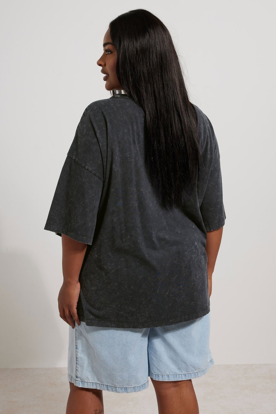 Yours Curve Grey In Full Bloom Acid Wash Oversized T-Shirt