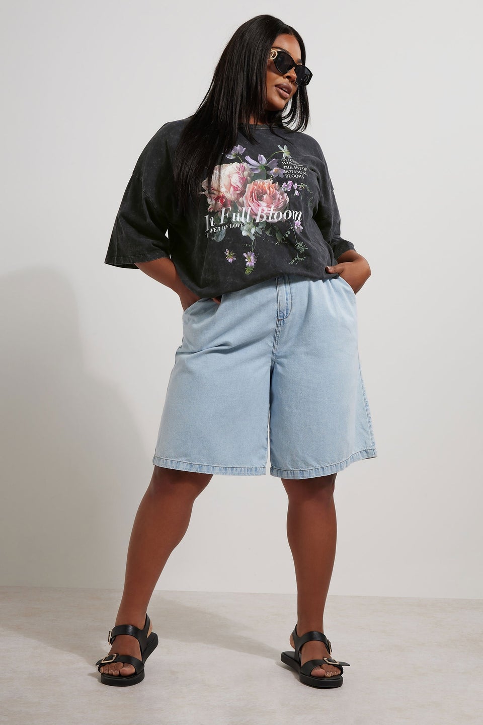 Yours Curve Grey In Full Bloom Acid Wash Oversized T-Shirt