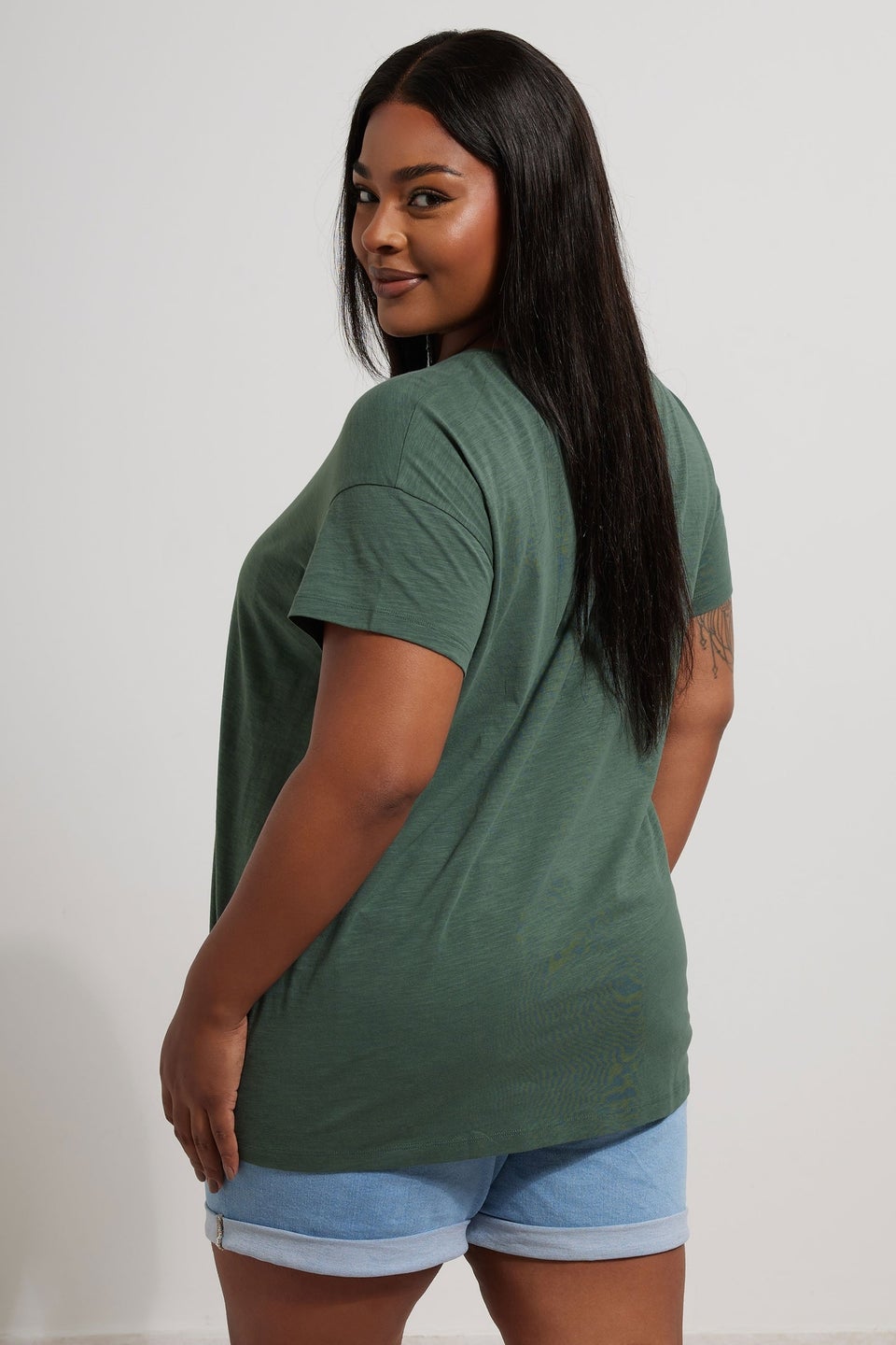 Yours Curve Khaki Green Floral Embroidered Stud Detail T-Shirt