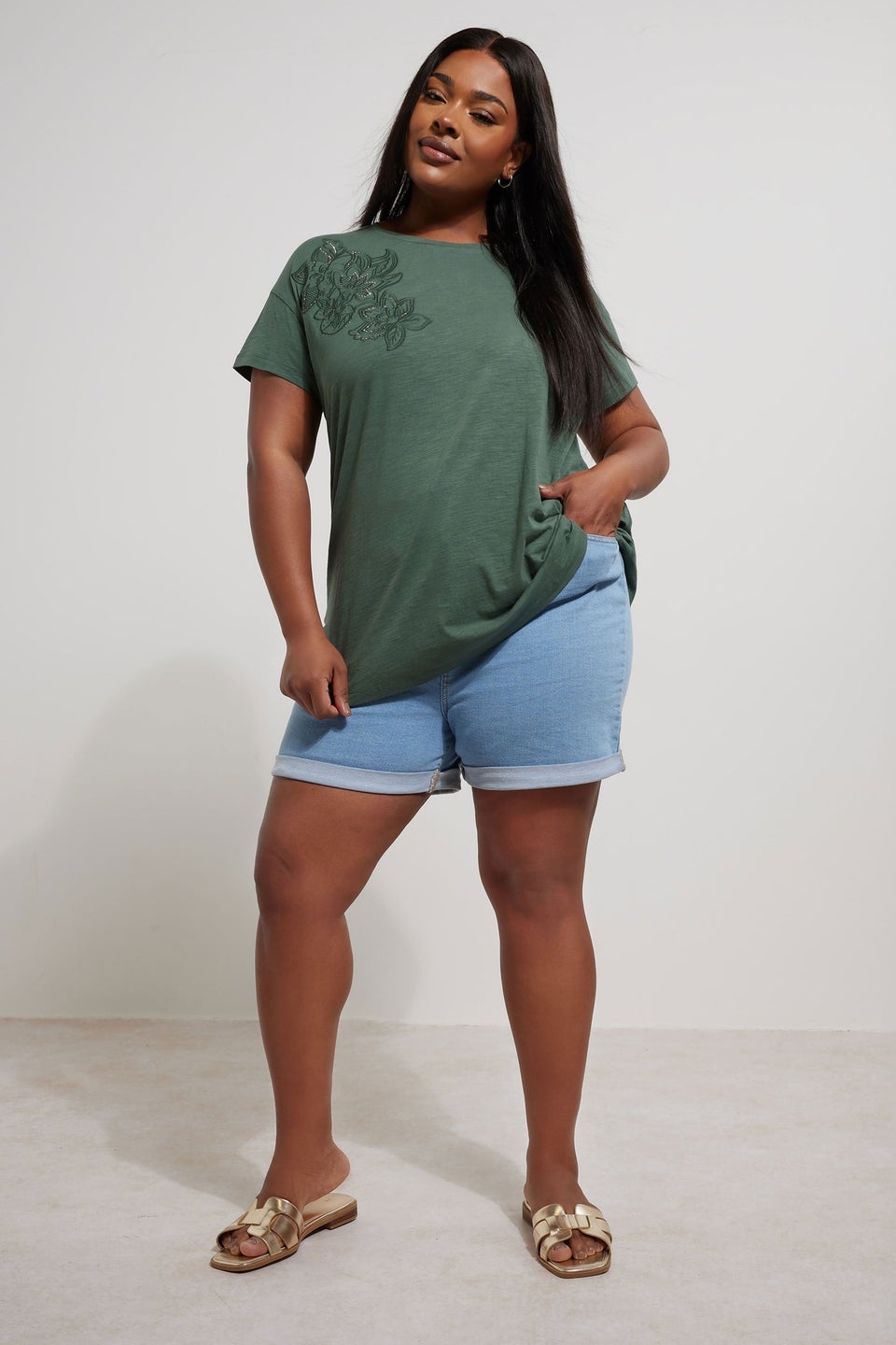 Yours Curve Khaki Green Floral Embroidered Stud Detail T-Shirt