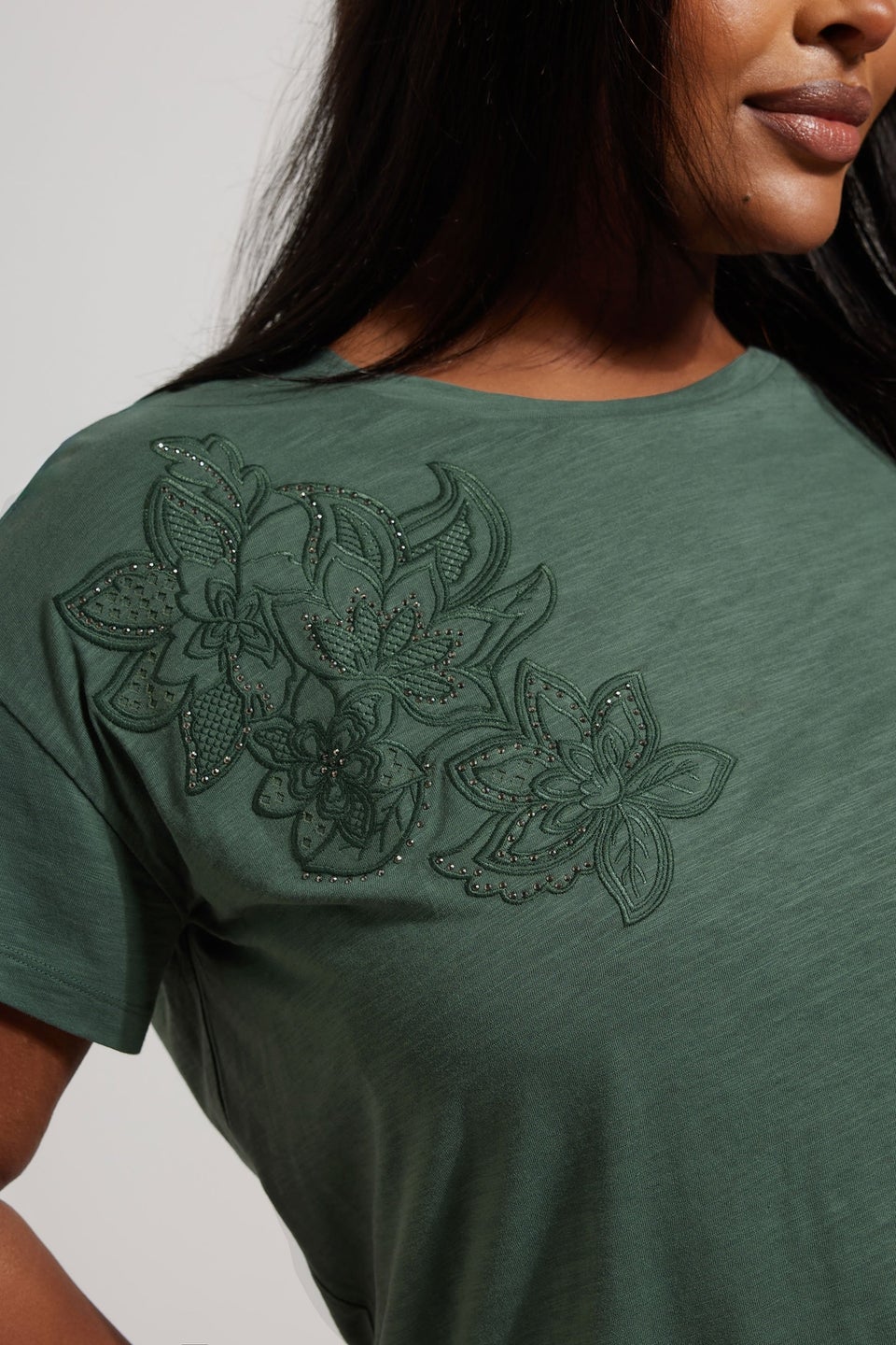 Yours Curve Khaki Green Floral Embroidered Stud Detail T-Shirt