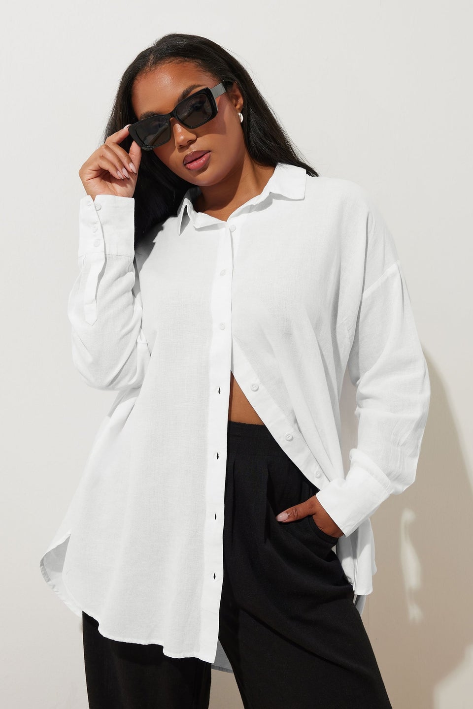 Yours Curve White Long Sleeve Linen Shirt