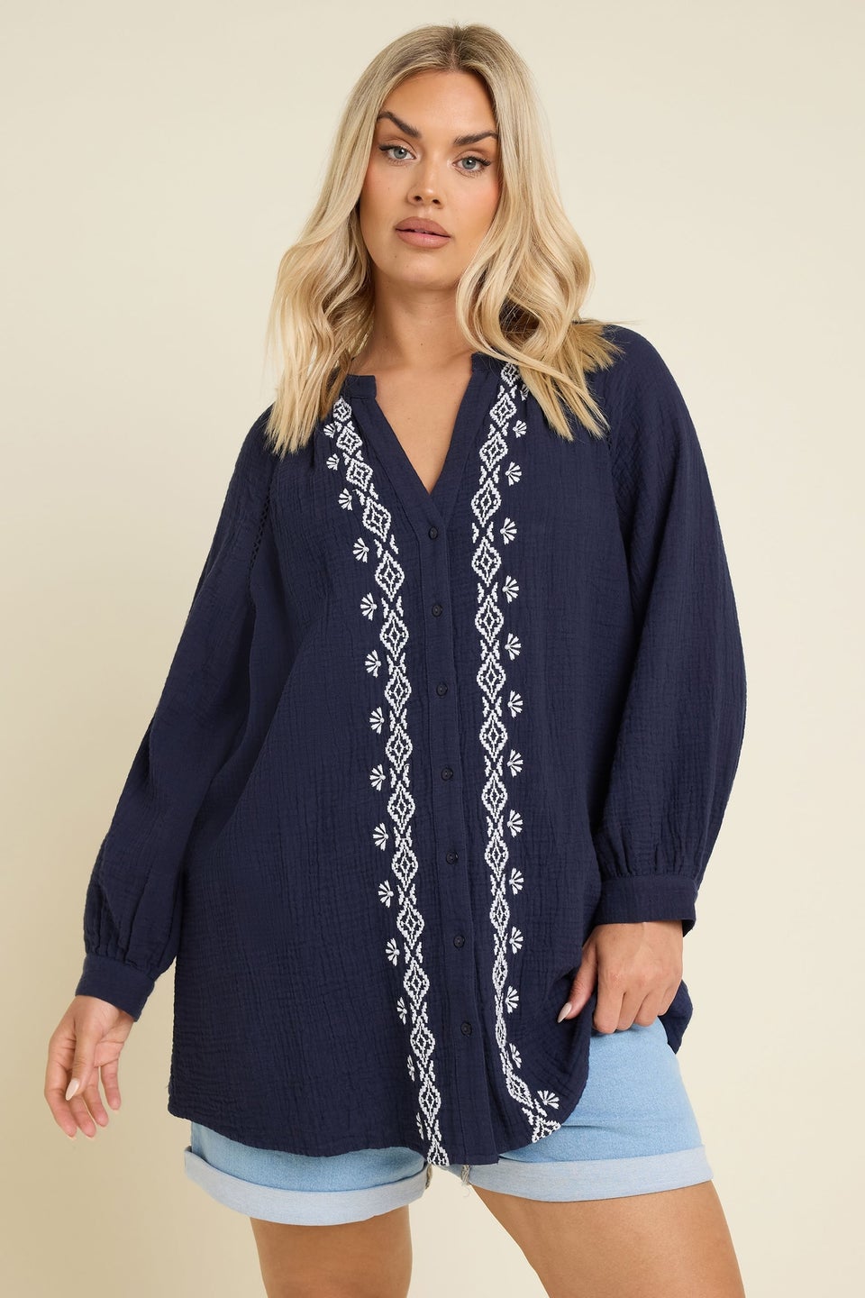 Yours Curve Navy Blue Embroidered Cheesecloth Shirt