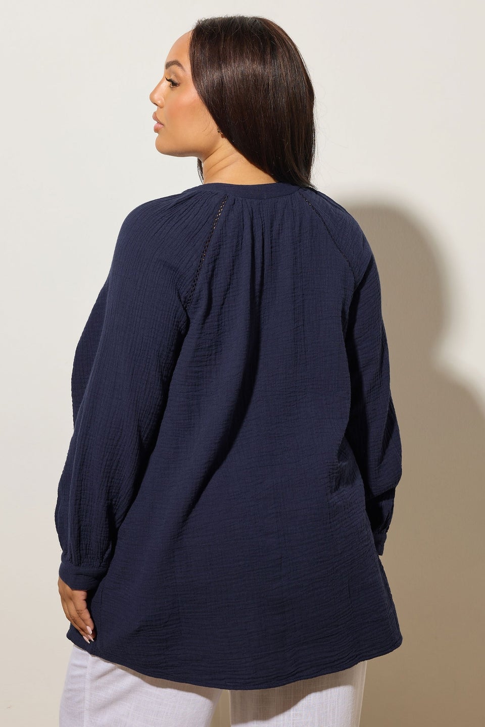 YOURS Curve Navy Blue Embroidered Cheesecloth Shirt