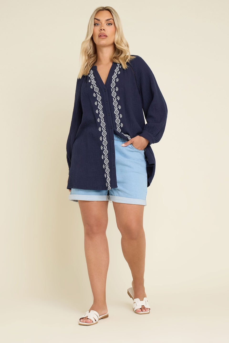 Yours Curve Navy Blue Embroidered Cheesecloth Shirt