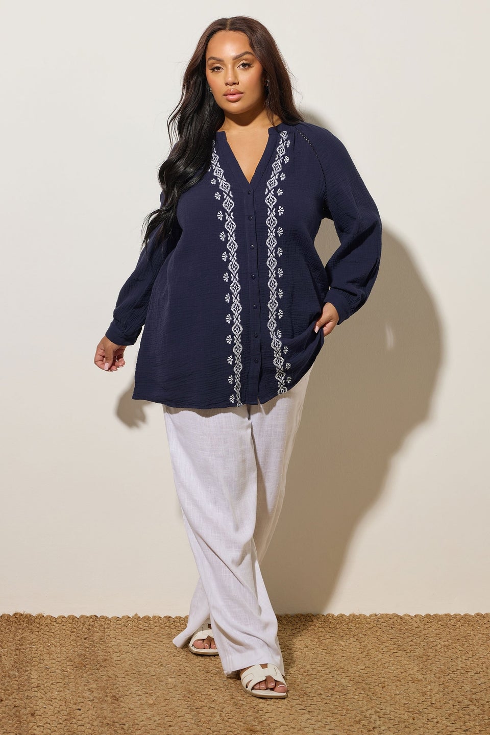 Yours Curve Navy Blue Embroidered Cheesecloth Shirt