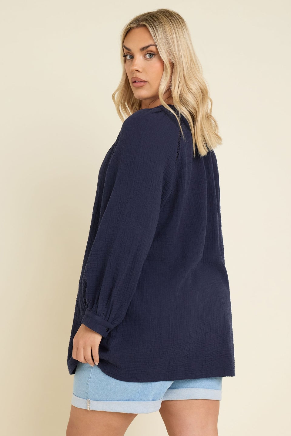 Yours Curve Navy Blue Embroidered Cheesecloth Shirt