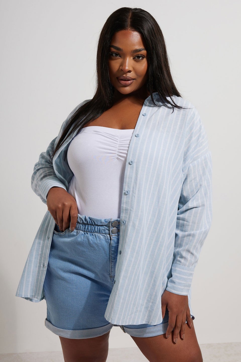 Yours Curve Blue & White Stripe Linen Shirt