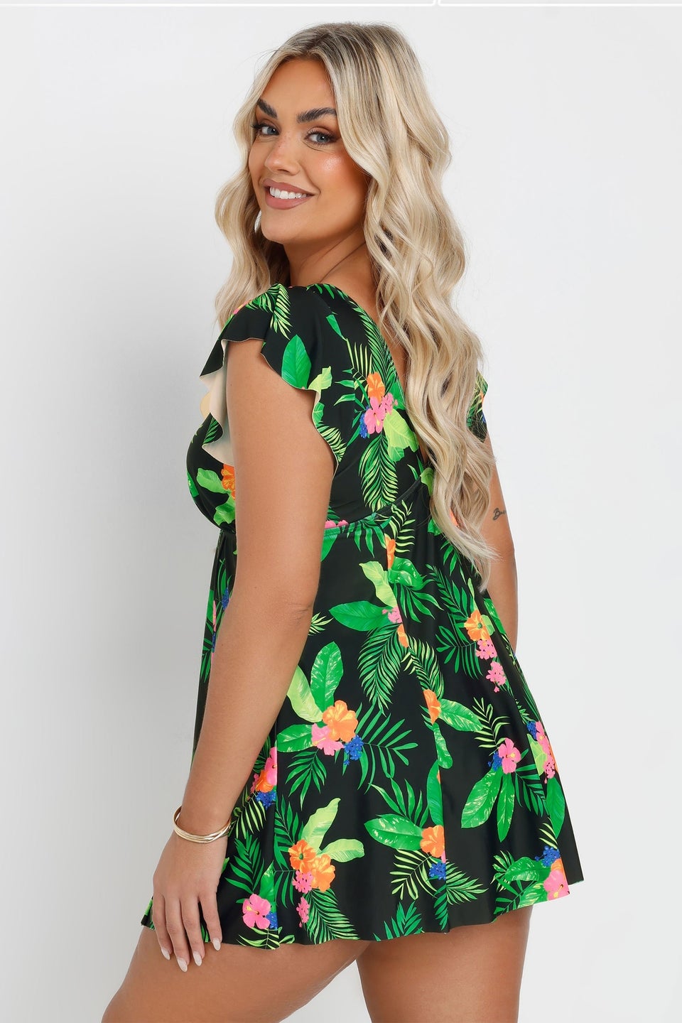 Yours Curve Black Hawaiian Floral Print Swim Dress