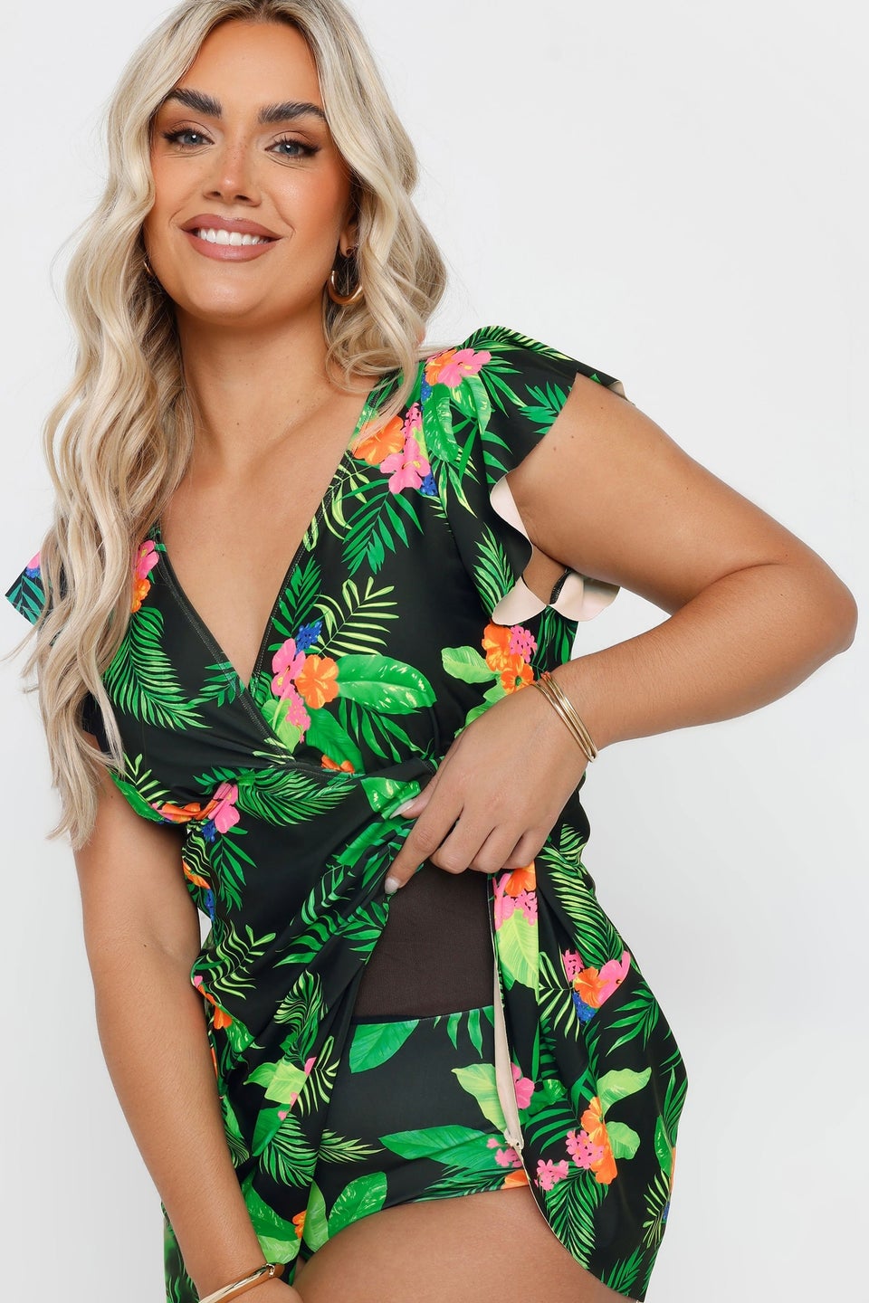 Yours Curve Black Hawaiian Floral Print Swim Dress
